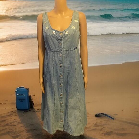Vintage No Excuses Denim Embroidered Midi Dress Sz M Cottagecore Boho Grunge - Picture 1 of 12